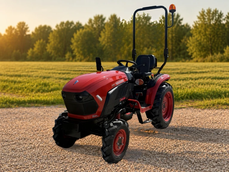 Nowy czerwony kompaktowy traktor na tle pola