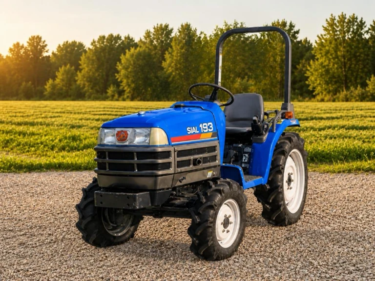 Używany niebieski japoński mini traktor na tle pola